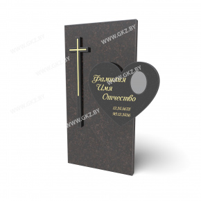 Комбинированный памятник из черного гранита: прямоугольная стела с объемным крестом слева и накладным сердцем справа